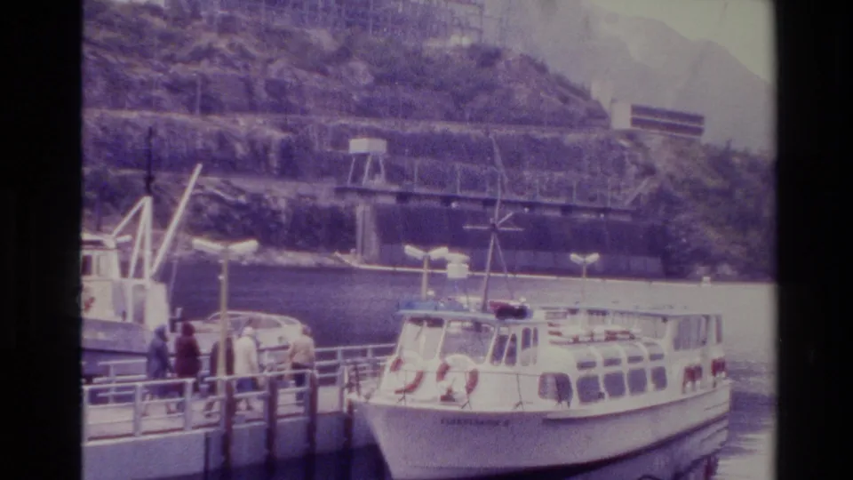 Harbor frame showing a white passenger boat at the pier, dock visitors, water, and steep New Zealand hillside backdrop.
