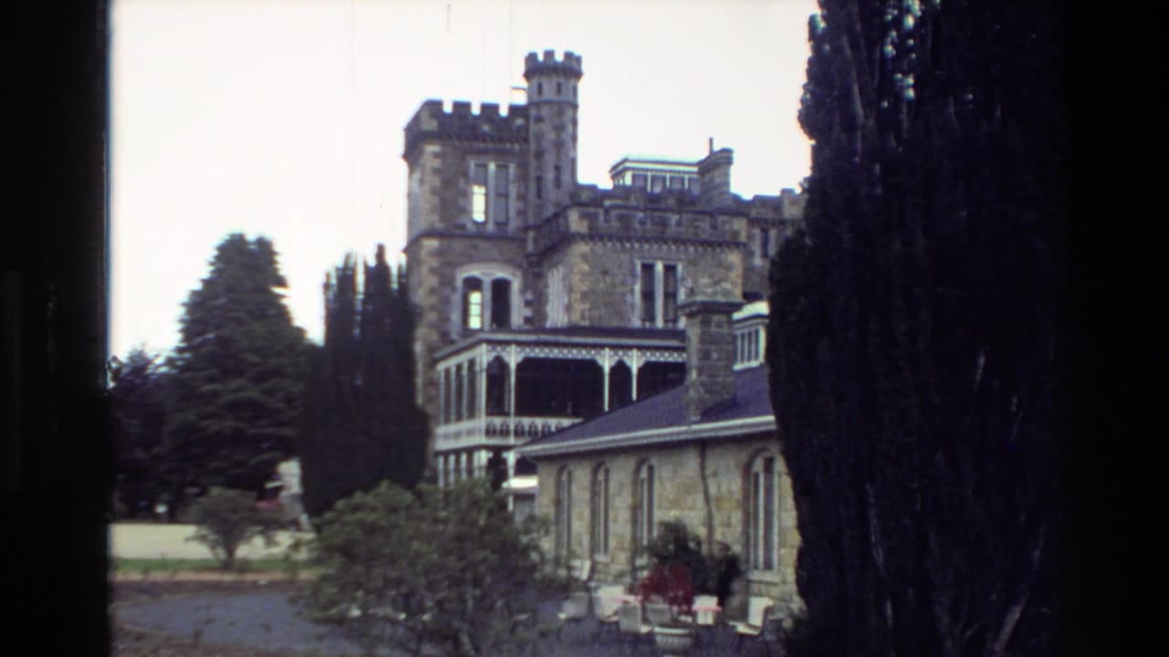 Castle-like stone building partly framed by tall evergreens and garden planting.