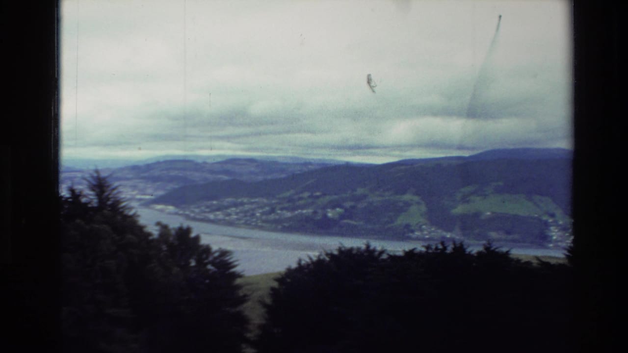 1982 New Zealand 8mm frame showing a river or bay, rolling hills, distant settlement, and dark foreground trees under a cloudy sky.