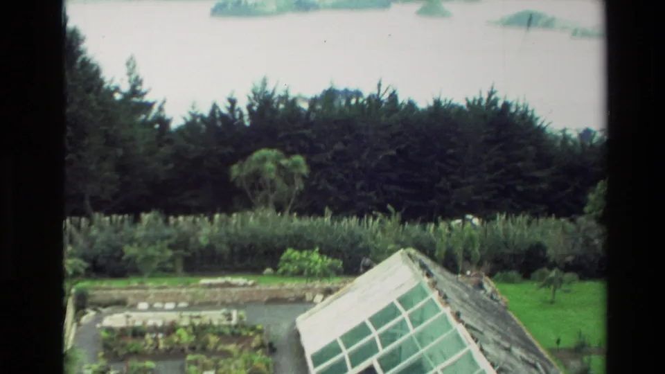 1982 New Zealand 8mm frame looking down toward a greenhouse, garden beds, shrubs, lawn, and a dark treeline.