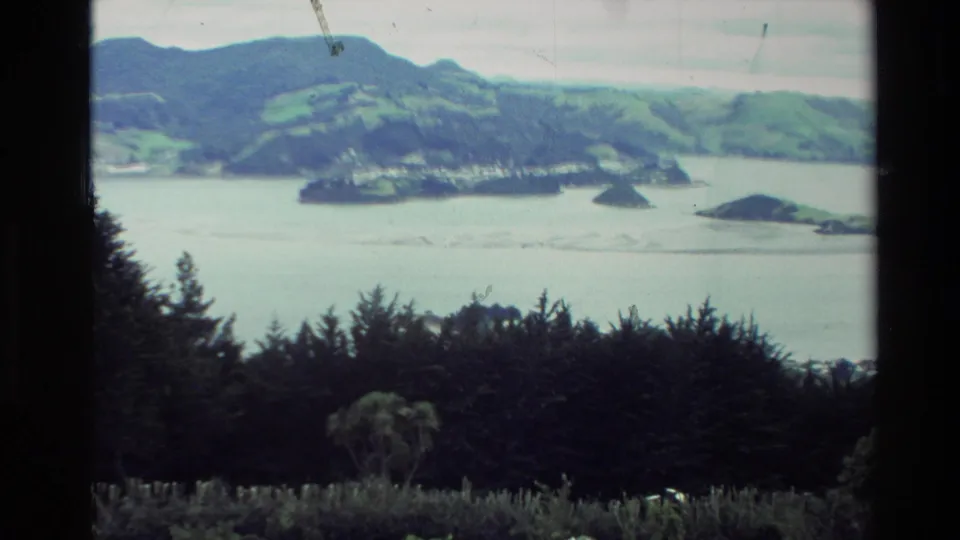 1982 New Zealand home-movie frame showing a waterway below rolling hills, with trees and garden plantings in the foreground.