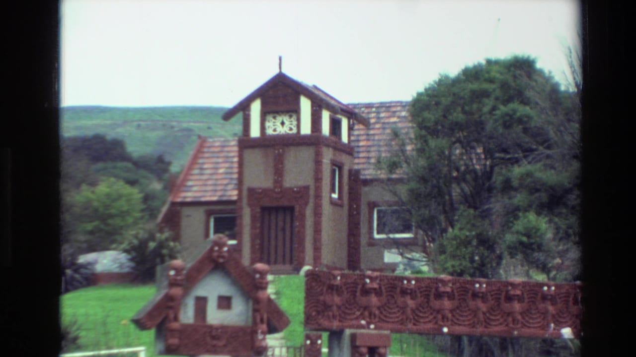 Wide exterior view of a carved Māori meeting house in a green rural setting.