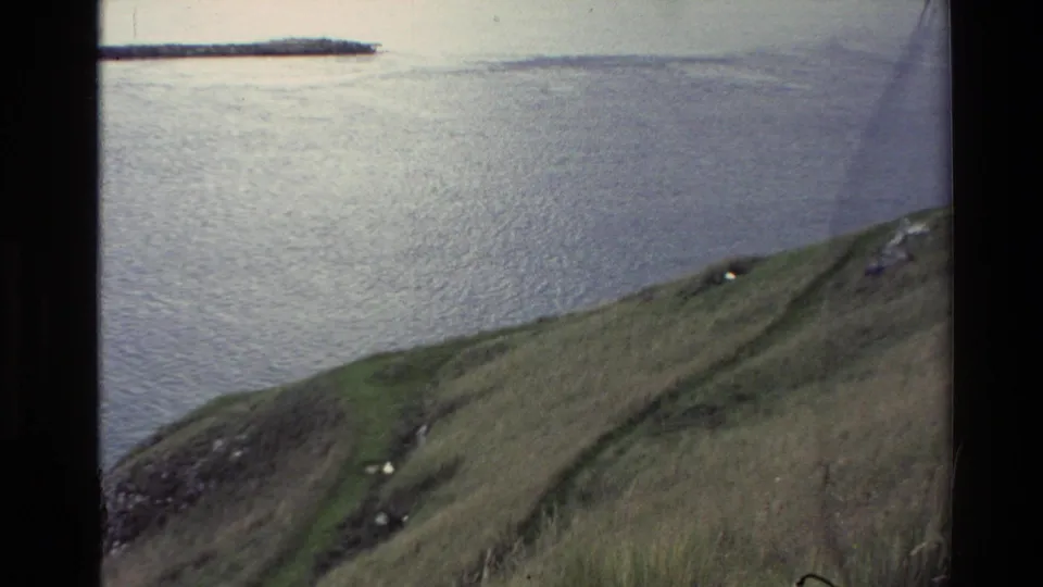1982 New Zealand 8mm frame looking over rippled water and distant shoreline from a grassy slope with a narrow path.