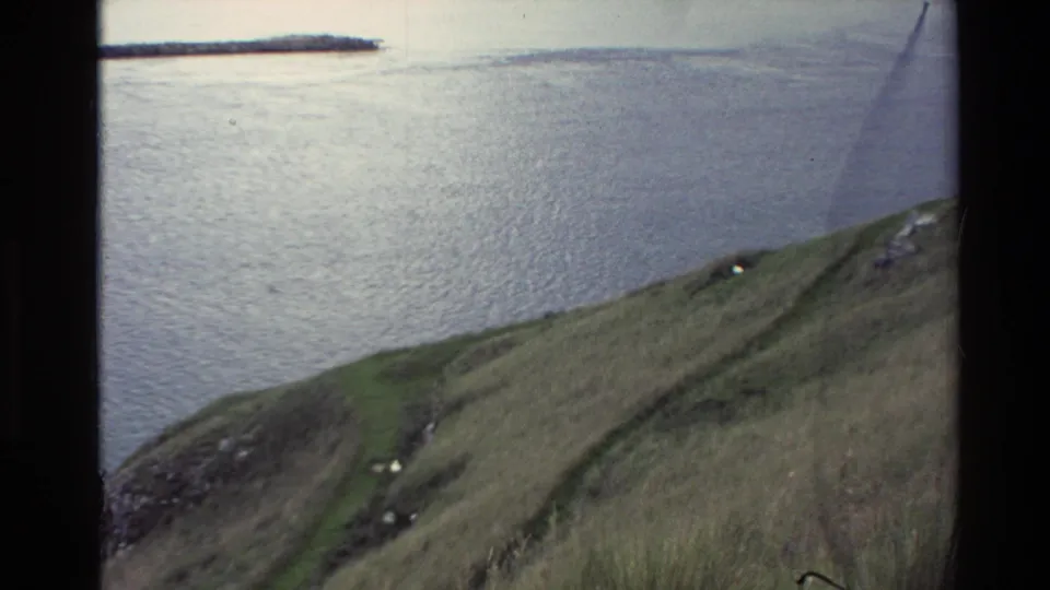 1982 New Zealand 8mm frame of a quiet waterside landscape, with grass, path, rippled water, and distant low land.