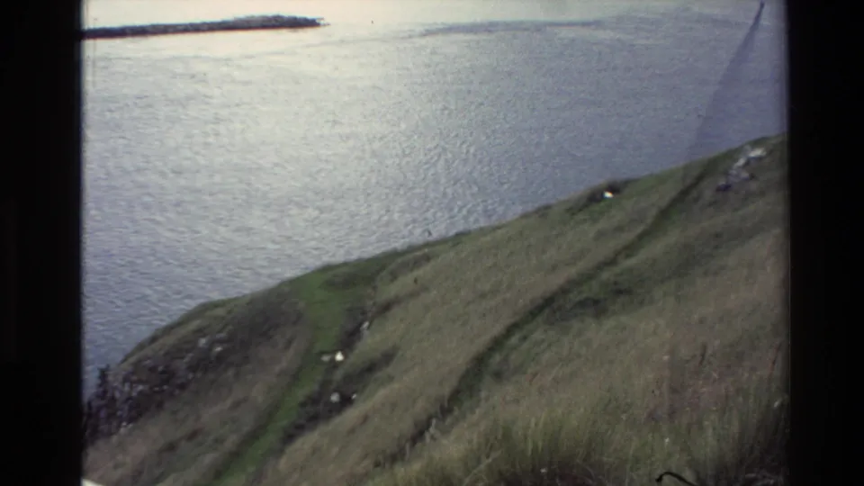 1982 New Zealand home-movie frame with a grassy slope, faint footpath, rocks, and quiet water beyond the hillside.