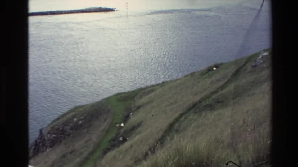 1982 New Zealand 8mm frame showing a grassy coastal slope above calm water and a distant pier-like structure.