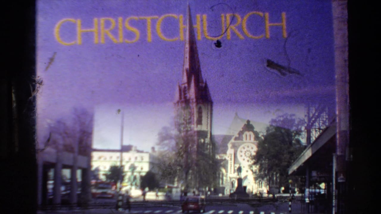 Christchurch title over a street view of the cathedral and nearby buildings.