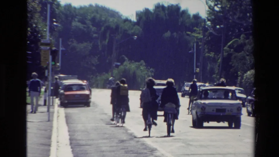 1982 New Zealand street view with cyclists, compact cars, street lamps, and dense trees along the avenue.