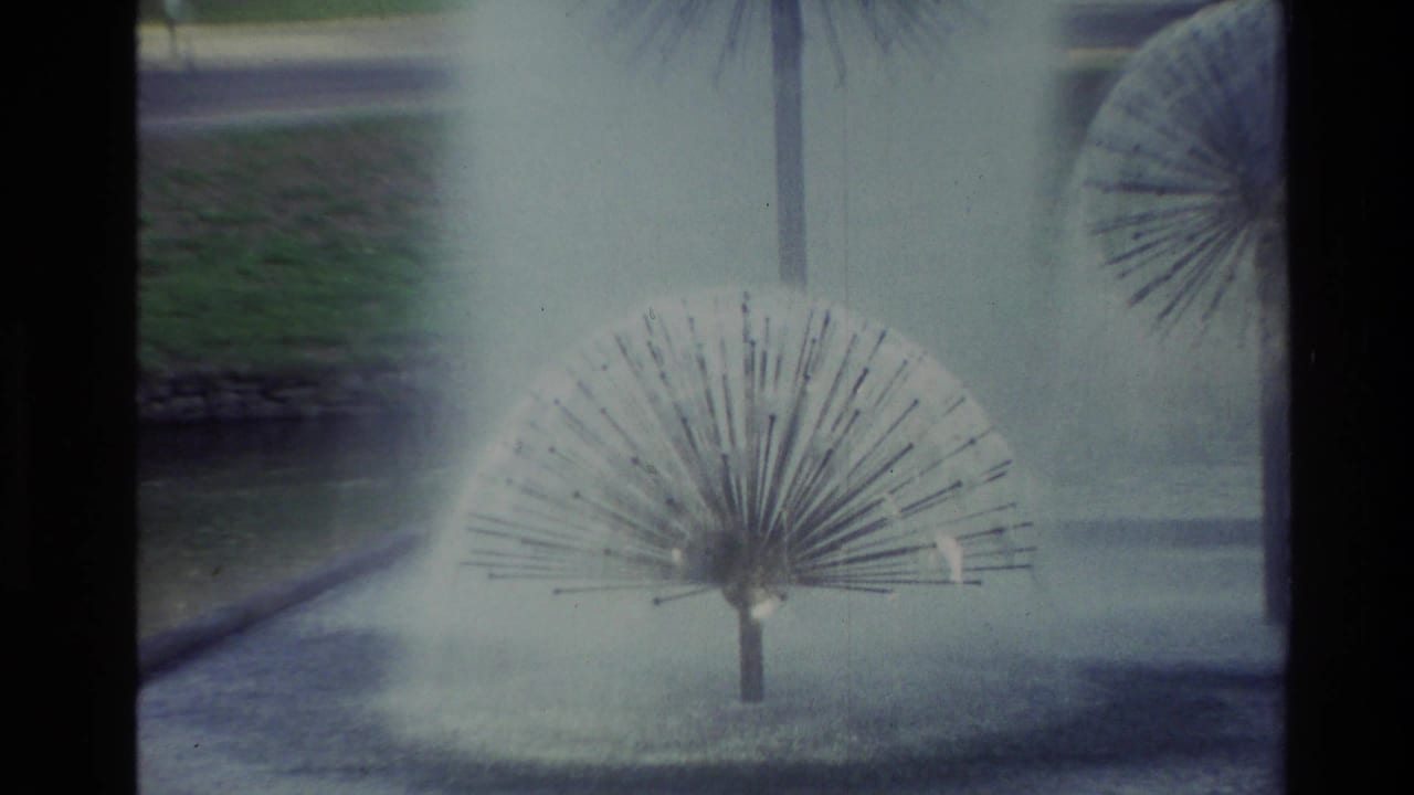 Dandelion-shaped fountain spraying water beside a curved pond edge and park lawn.