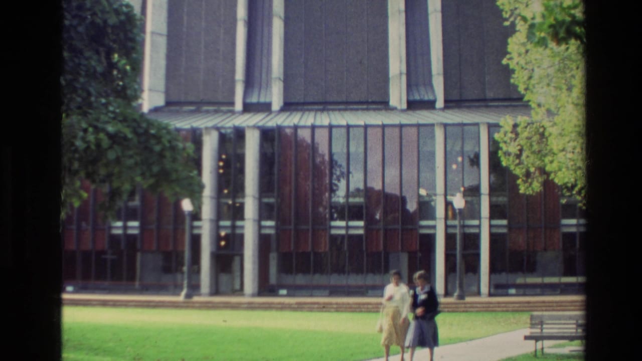 1982 New Zealand 8mm frame showing a modern building facade, green lawn, two small pedestrians, trees, and a bench in bright daylight.