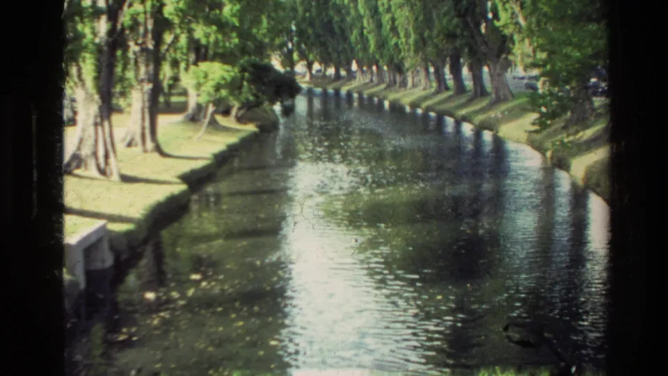 1982 New Zealand 8mm frame of a landscaped canal bordered by tall trees and low grass banks under bright daylight.