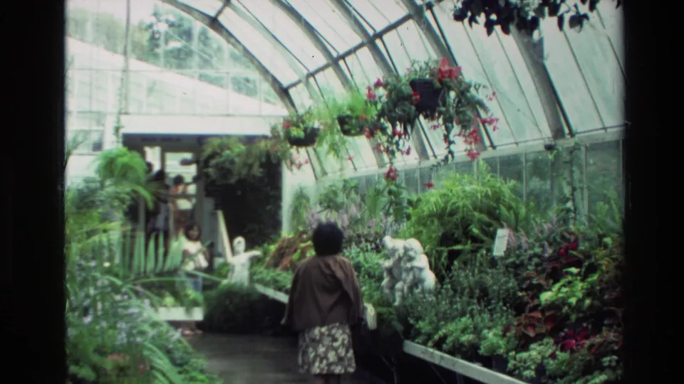 A woman in a brown jacket and patterned skirt walks through a glass-roofed greenhouse with hanging flowers and dense plants.