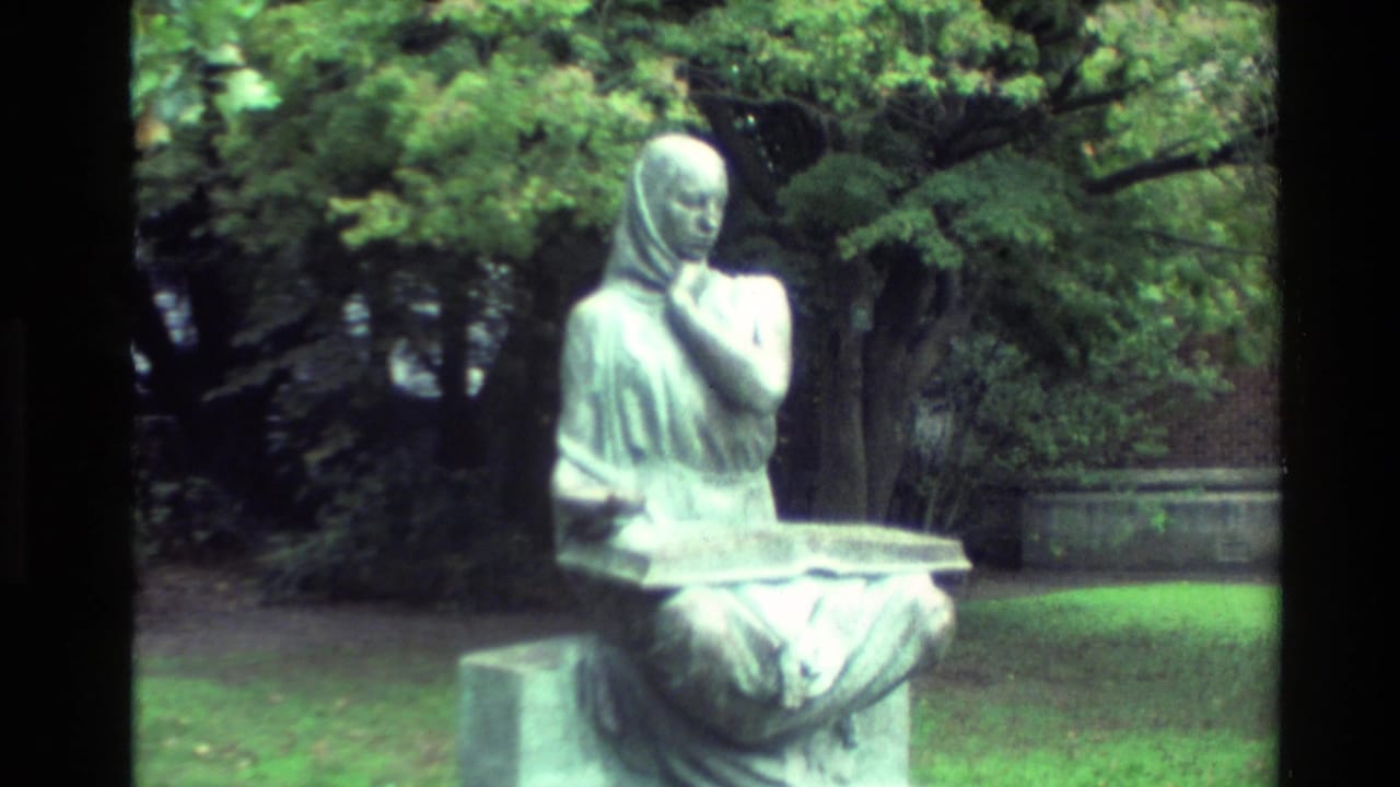 1982 New Zealand 8mm frame showing a seated stone statue in a landscaped park, softly focused with dark tree cover behind it.