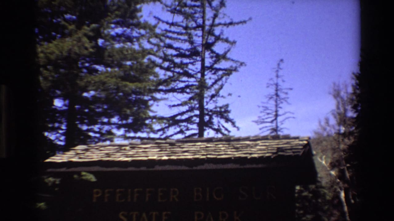 1980 8mm view of the Pfeiffer Big Sur State Park entrance sign partly shaded under tall evergreens.
