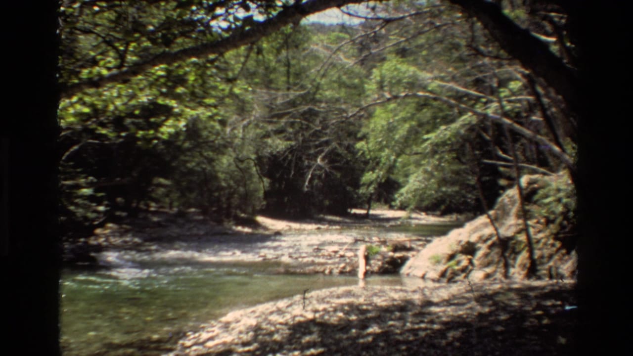Big Sur creek view with shallow water, rocks, branches, and shaded forest, captured on 1980 8mm home-movie footage.