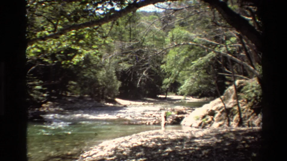 1980 Big Sur home-movie frame of a forest stream bordered by rocks and trees, with a small distant person standing near the water.