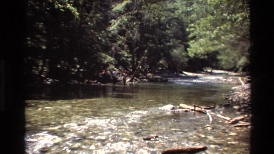 1980 Big Sur home-movie frame showing a shallow river channel, bright ripples, driftwood, rocks, and a shaded green forest edge.
