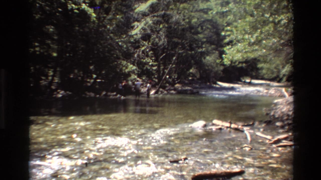 1980 Big Sur home-movie frame showing a clear shallow river, shaded trees, bright water reflections, and driftwood along the rocky bank.