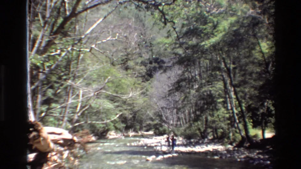 1980 Big Sur home-movie frame with distant people wading or walking in a shallow river, surrounded by tall trees and rocky banks.