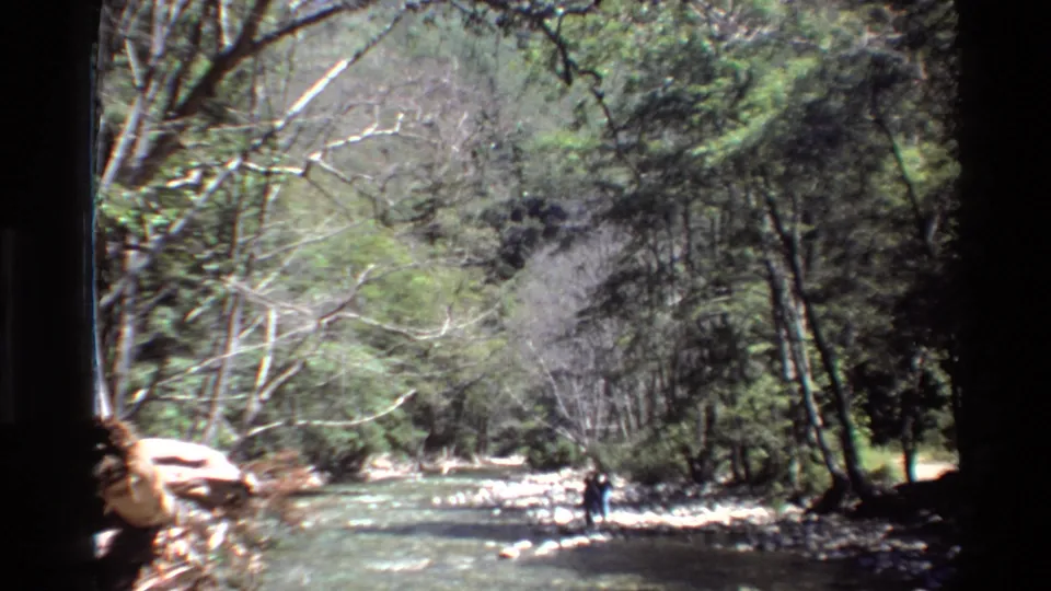 1980 Big Sur 8mm frame showing distant figures by a shallow river, with dense trees, rocky banks, and bright patches of water.