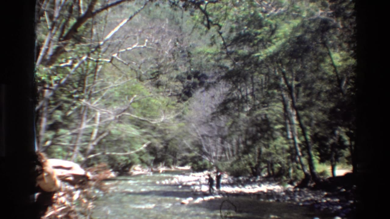 1980 Big Sur 8mm frame showing a sunlit river, rocky shore, tall trees, and two distant figures wading or standing near the water.