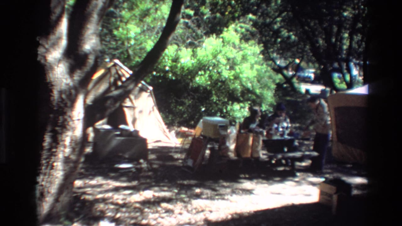 Wooded campsite with a tent, folding chairs, coolers, and a picnic table in dappled sunlight.