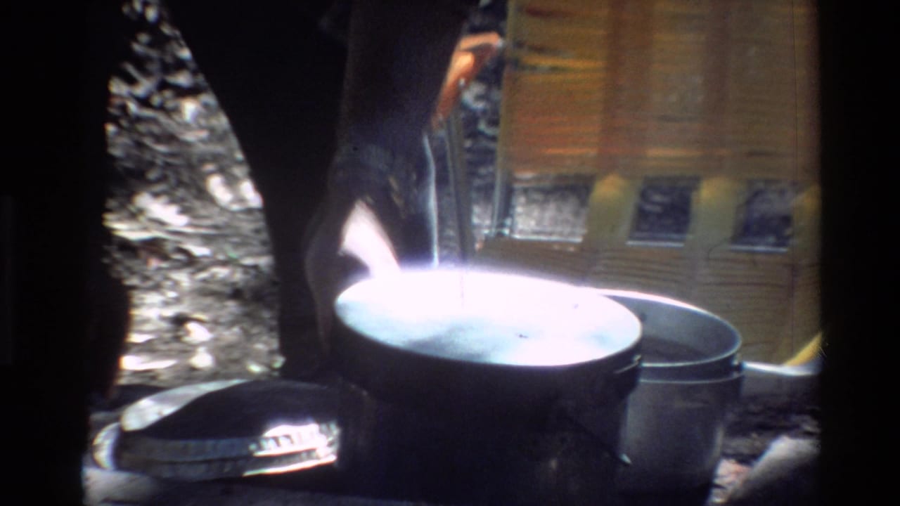 1980 Big Sur home-movie frame showing metal cookware on a makeshift outdoor table near a yellow folding chair under dappled forest light.
