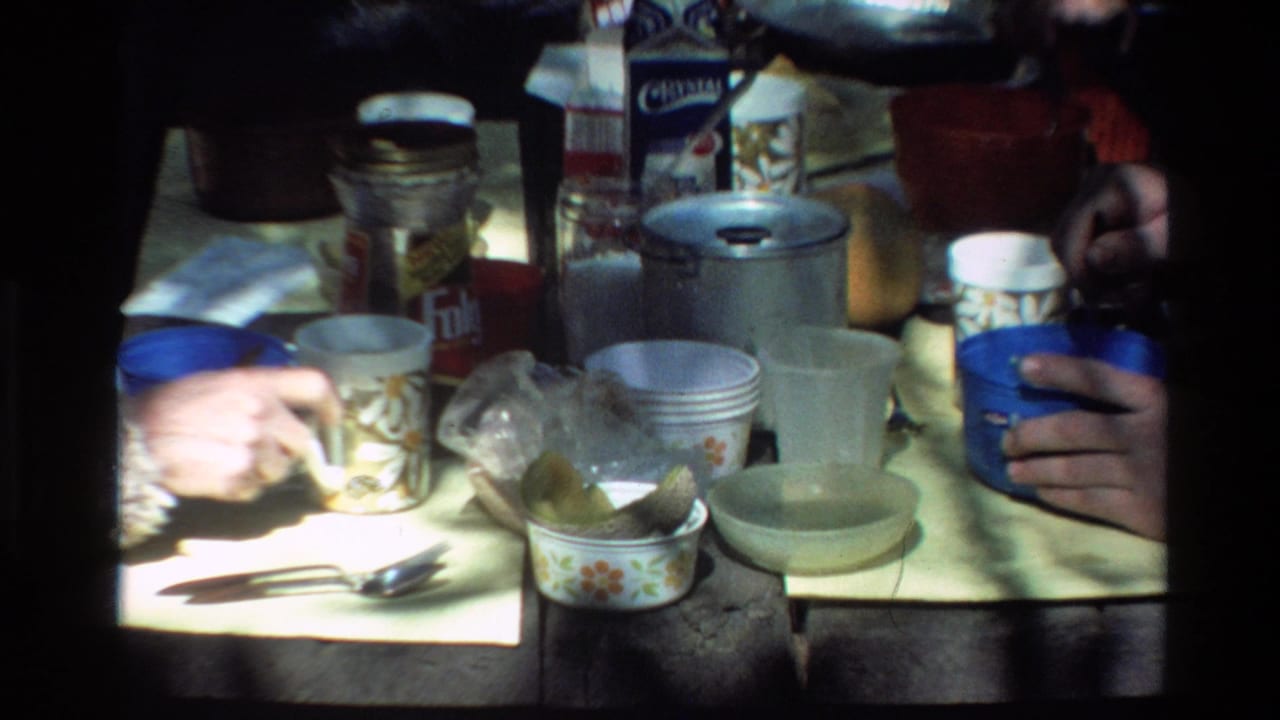 Big Sur 1980 campsite table detail with cups, utensils, floral bowls, containers, and adult hands handling food or drink.