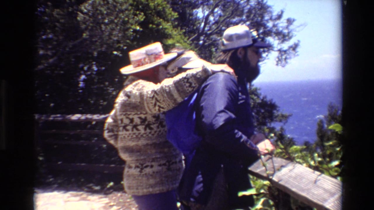 Home-movie frame of two adults at a Big Sur viewpoint, with a patterned sweater, blue backpack, railing, vegetation, and ocean in view.
