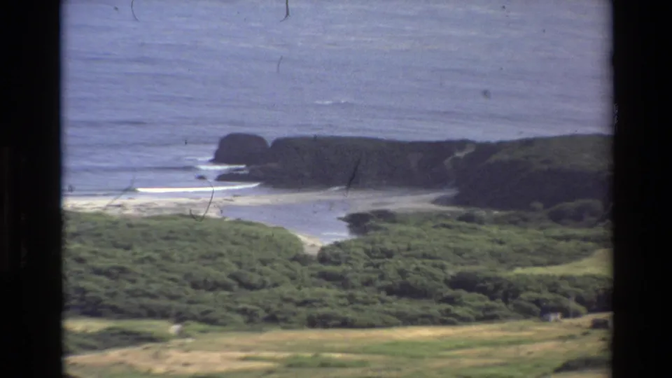 Big Sur shoreline in 1980, with ocean waves breaking beside a dark coastal bluff and low green vegetation.
