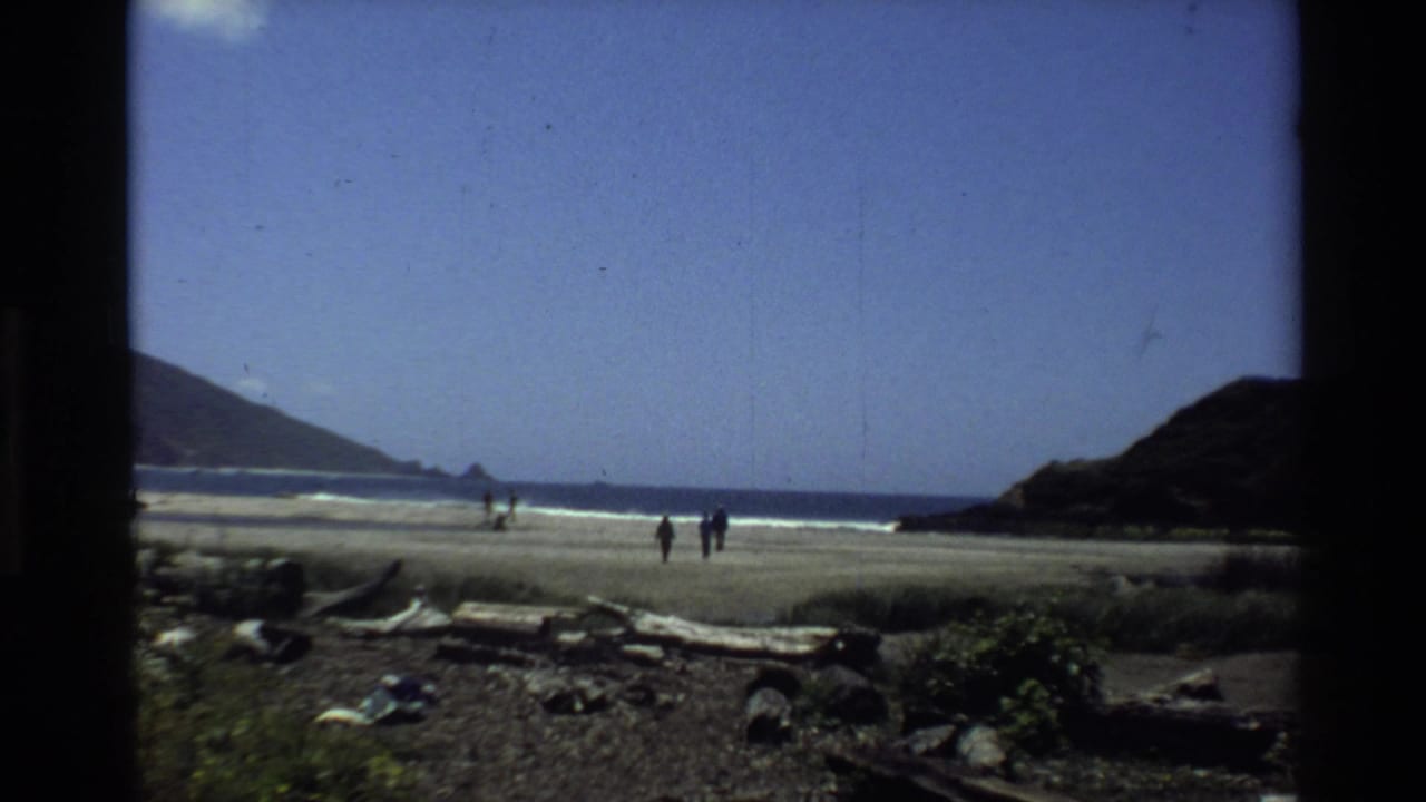 1980 Big Sur beach view with distant walkers, driftwood, surf line, hills, and clear blue sky.
