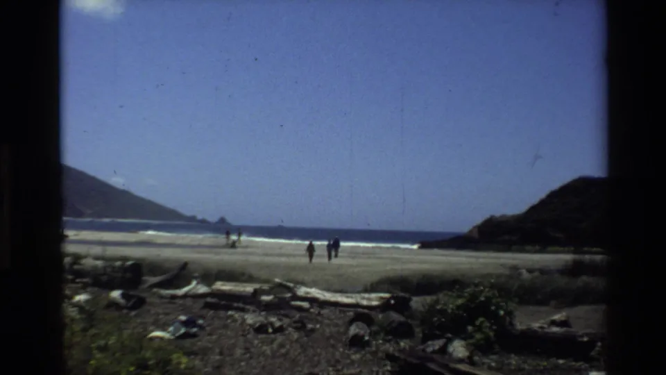 1980 Big Sur beach view with distant walkers, driftwood, surf line, hills, and clear blue sky.