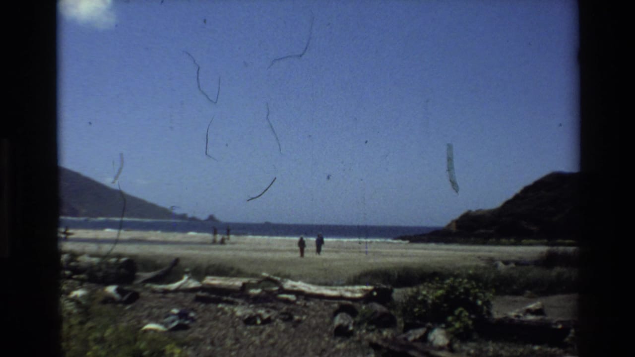Big Sur beach in 1980 with several distant people near the surf, driftwood foreground, coastal hills, and visible film wear.