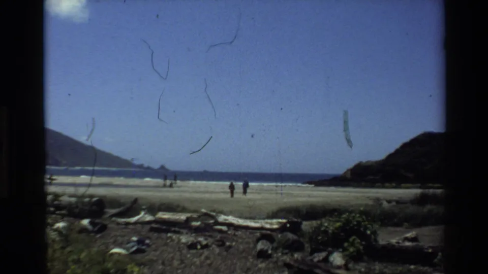 Big Sur beach in 1980 with several distant people near the surf, driftwood foreground, coastal hills, and visible film wear.