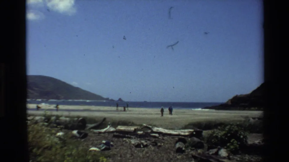 Big Sur coastal beach view from 1980 metadata, showing distant walkers, low surf, sandy shore, and headlands under a clear sky.