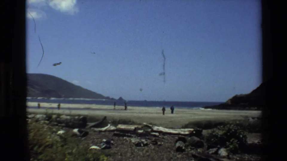 8mm Big Sur beach frame with distant walkers spread across the sand, surf offshore, driftwood in front, and hills on the horizon.