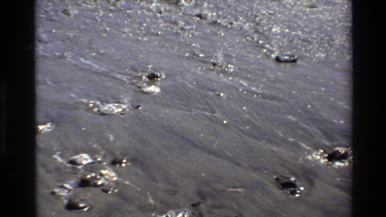 Wet beach sand with small rocks, shallow water streaks, and reflective highlights.