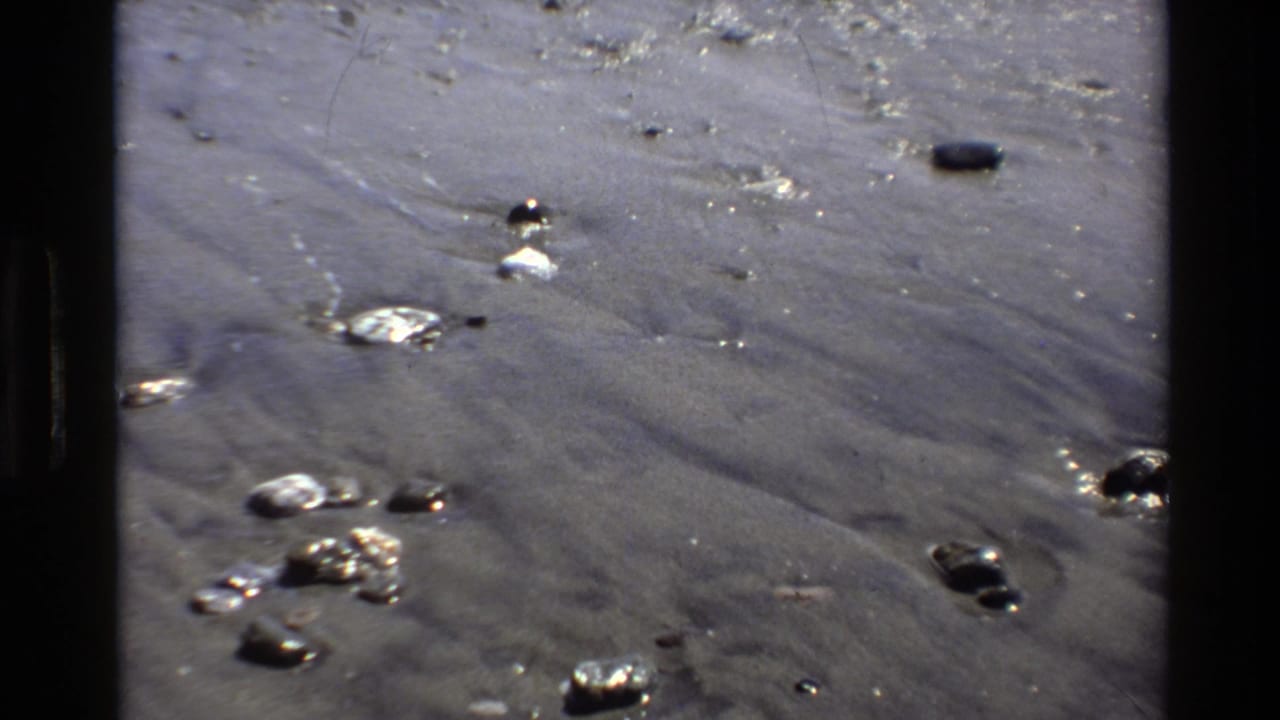 Close 8mm view of Big Sur wet shoreline sand with pebbles, small pools, and subtle water movement across the beach surface.
