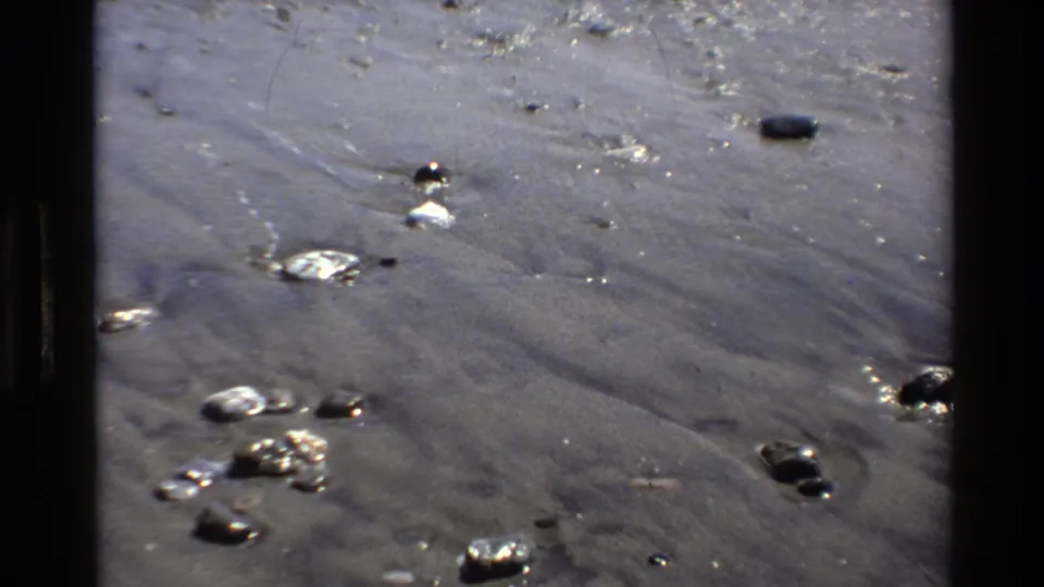 Close 8mm view of Big Sur wet shoreline sand with pebbles, small pools, and subtle water movement across the beach surface.