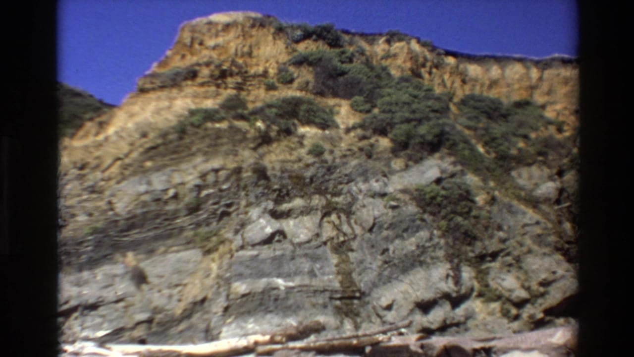 Stratified coastal cliff with shrubs under a clear blue sky.