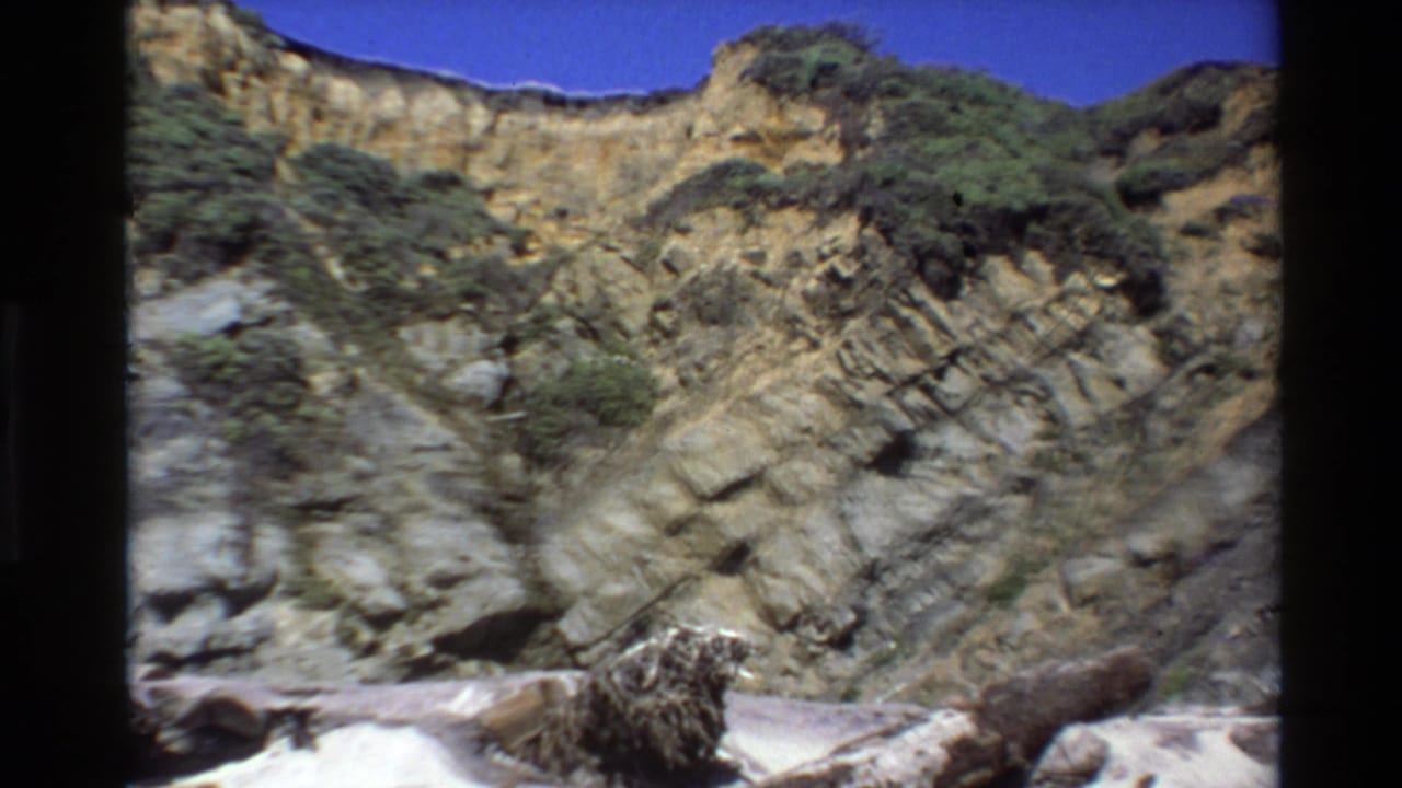 8mm Big Sur frame showing a closer section of layered cliff, scrubby plants, and pale beach or shoreline material below.
