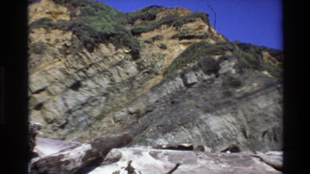 Handheld 8mm view of Big Sur cliffs, scrub-covered upper slopes and pale beach sand with driftwood below.