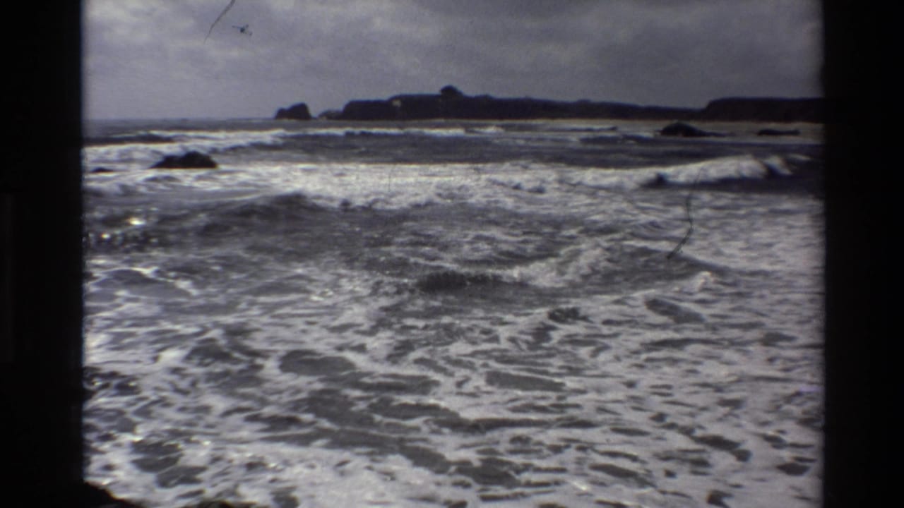 Churning ocean water fills the frame with dark rocks and a low headland beyond.