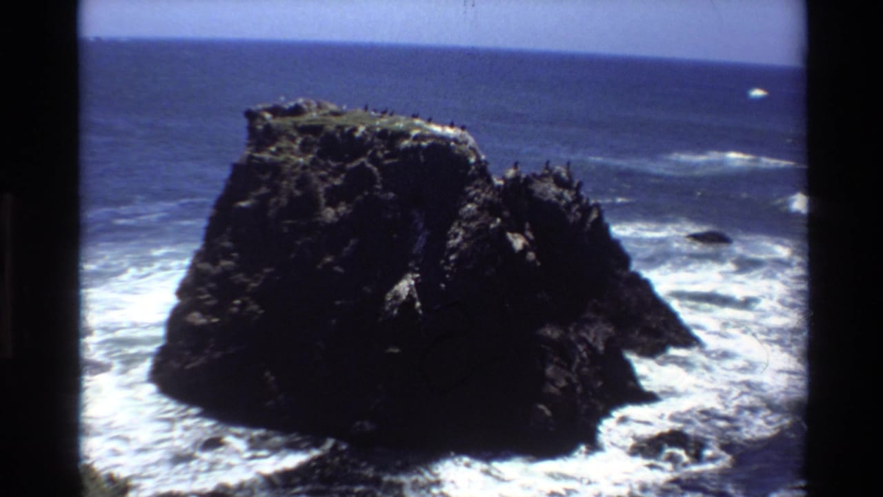 Dark sea stack viewed across open water, waves crashing at its base, seabirds clustered on the summit.