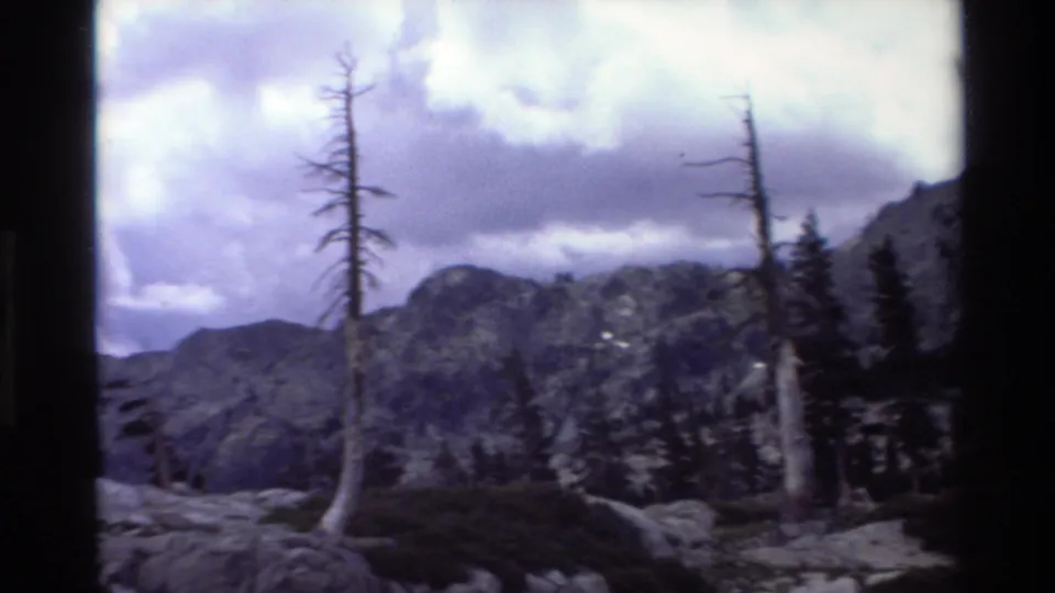 1980s 8mm footage of rugged mountain terrain — bare snag trees and rocky peaks under an overcast sky with a characteristic lavender film-age color cast.