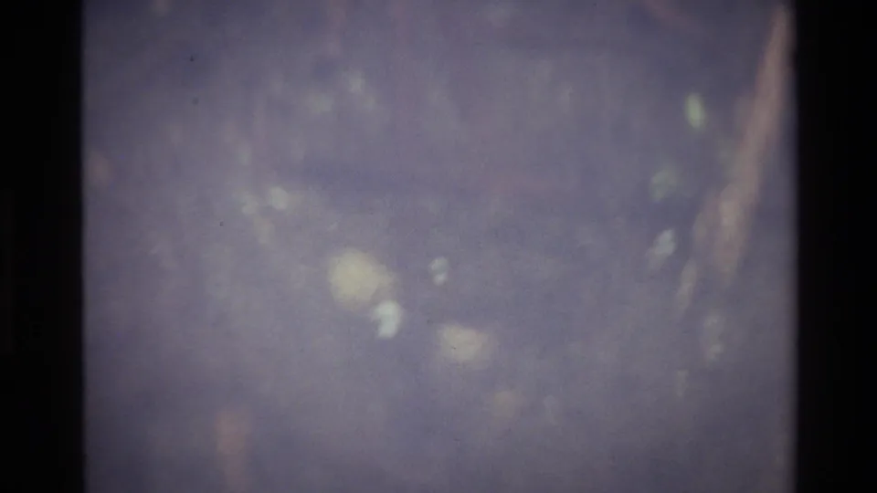 Transitional blurred 8mm frame, circa 1980, with warm earth tones and bokeh light spots as the camera approaches focus on the landscape.