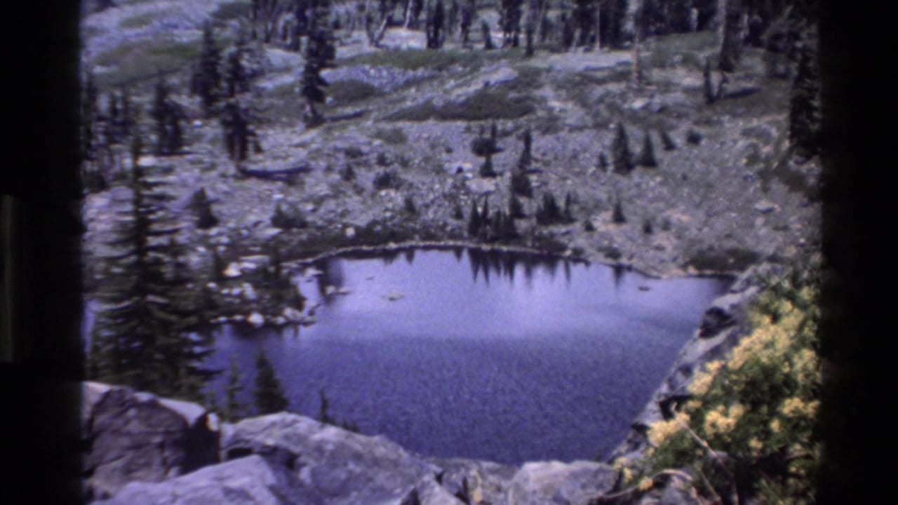 1980s Super 8 home movie of an alpine lake amid rocky terrain and evergreen trees with yellow flowering shrubs, attributed to California.
