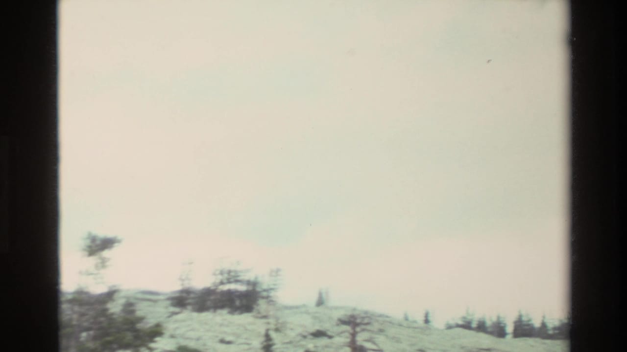 Mid-pan frame: sparse wind-shaped ridgeline conifers at bottom below a pale overcast sky, 8mm film.