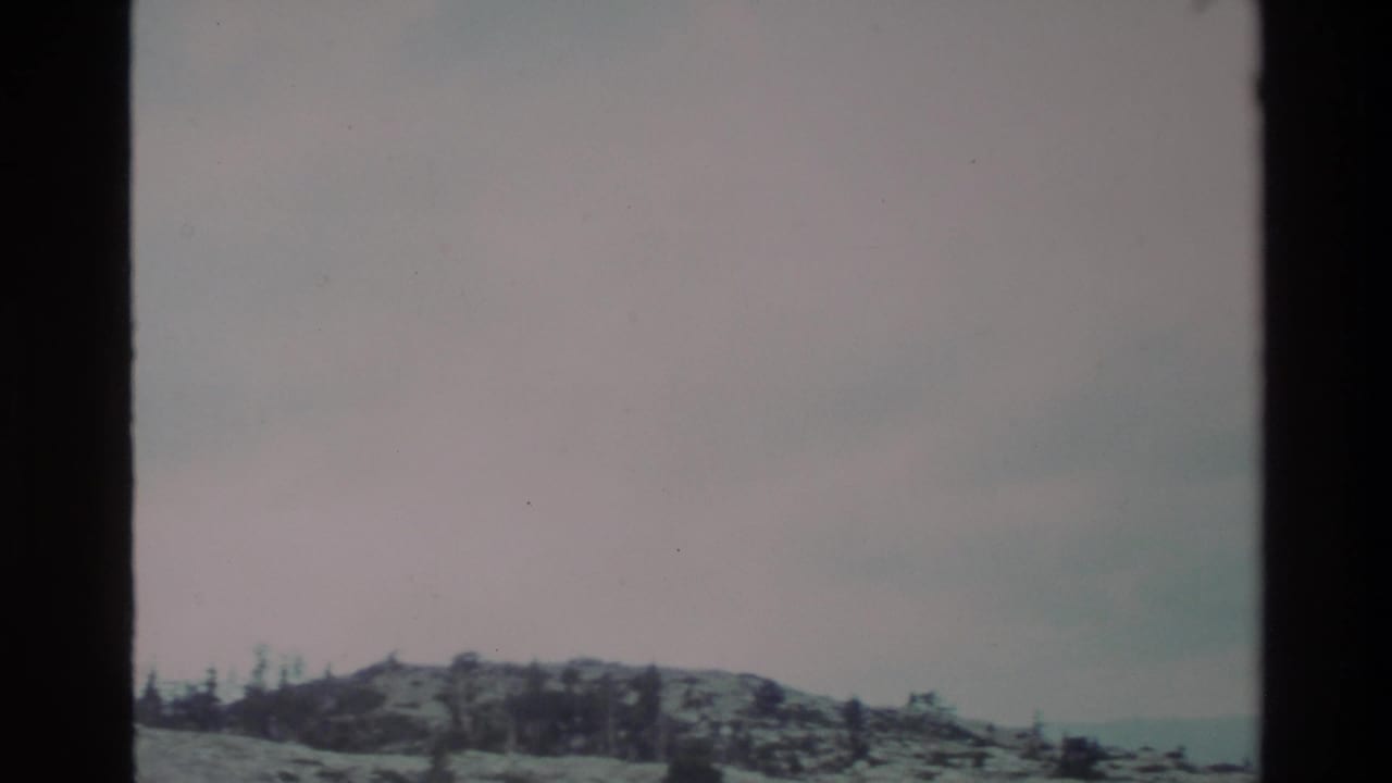 Snow-dusted ridge with wind-bent conifers under an overcast sky, Big Sur highlands, California, circa 1980, 8mm film.