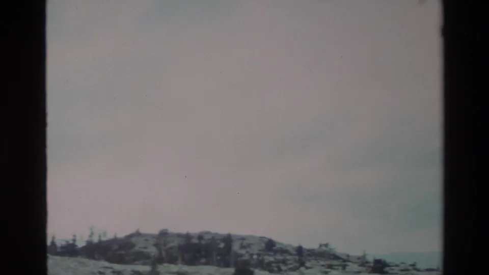 Snow-dusted ridge with wind-bent conifers under an overcast sky, Big Sur highlands, California, circa 1980, 8mm film.